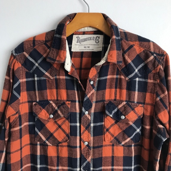 ROEBUCK & Co MENS SHIRT FLANNEL ORANGE BLUE LARGE - Picture 2 of 10